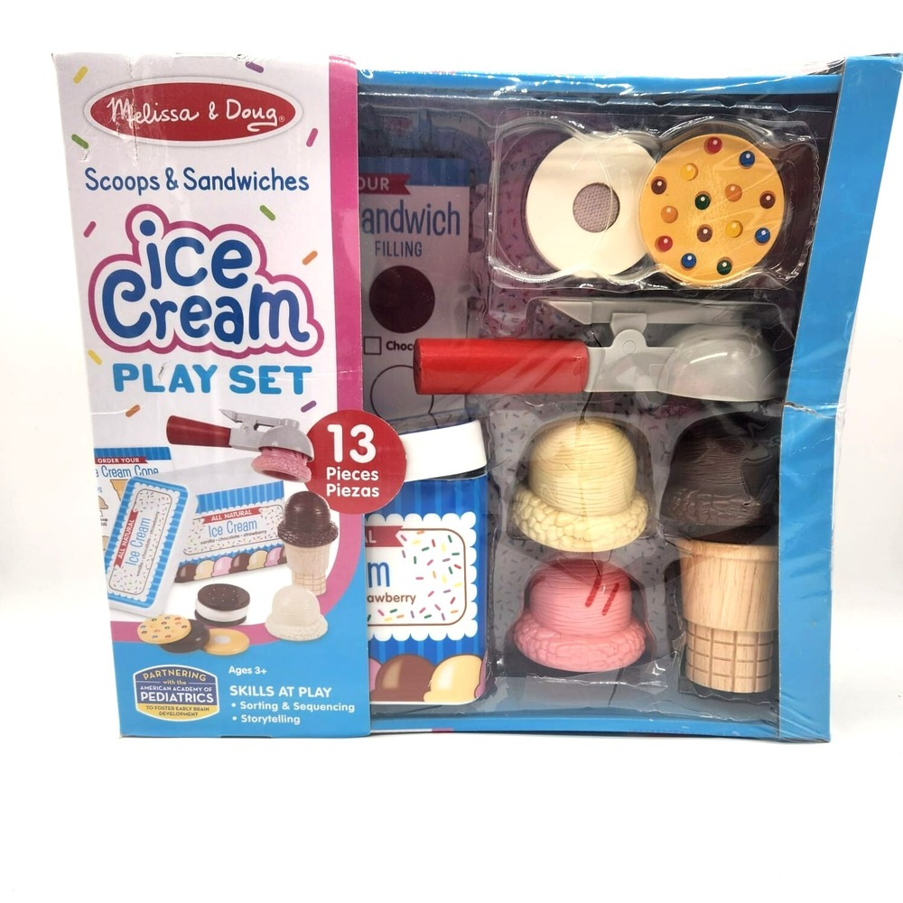 Melissa & Doug 13-Piece Wooden Ice Cream Sandwichā & Scoop Set Pretend Play Toy
